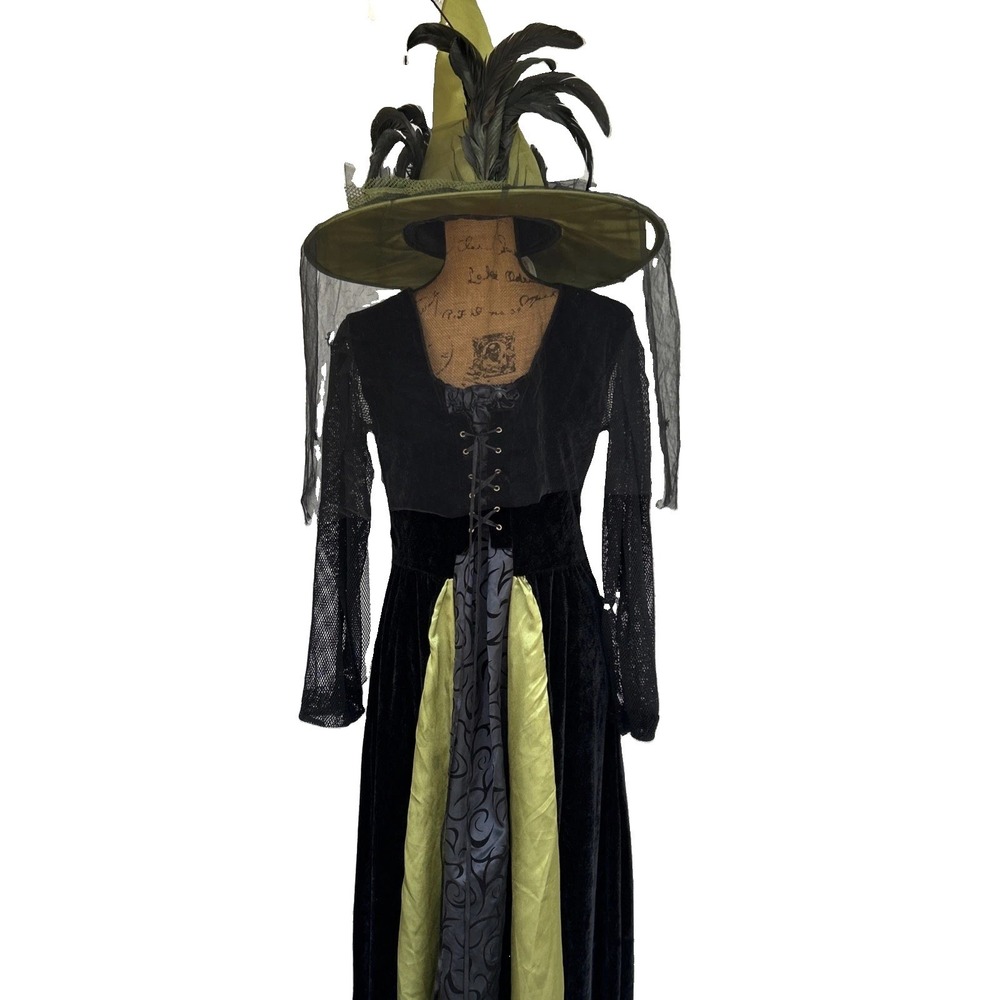 Milkmaid Witch Costume Halloween Size M Mesh Sleeves Dress & Hat Stretchy